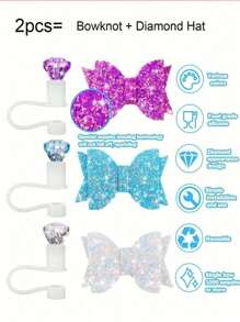 6 件/套可爱蝴蝶结和水钻可重复使用硅胶吸管盖、蝴蝶吸管盖，适合 20-40 盎司玻璃杯、饮料配件、派对餐桌装饰，是圣诞节、生日、母亲节的绝佳礼物