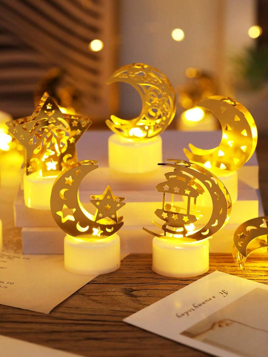 1/2/3pcs Creative Metal Star Moon Accessories Decoration Electronic Candle Light, Indoor Decorative Starry Moon Night Light,Indoor Birthday, Party, Festival, Wedding Decoration Candle Light Including Battery, Flameless Candle Lights - ánh sáng ấm áp - Xem 1