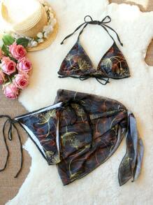 3-Piece Sexy Bikini Swimwear Set For Women, Includes Net Shawl Wrap Skirt, Strappy Back Top Swimwear With Padded Bust, Tie Side Bottom, Suitable For Summer Beach Vacation, Hot Spring