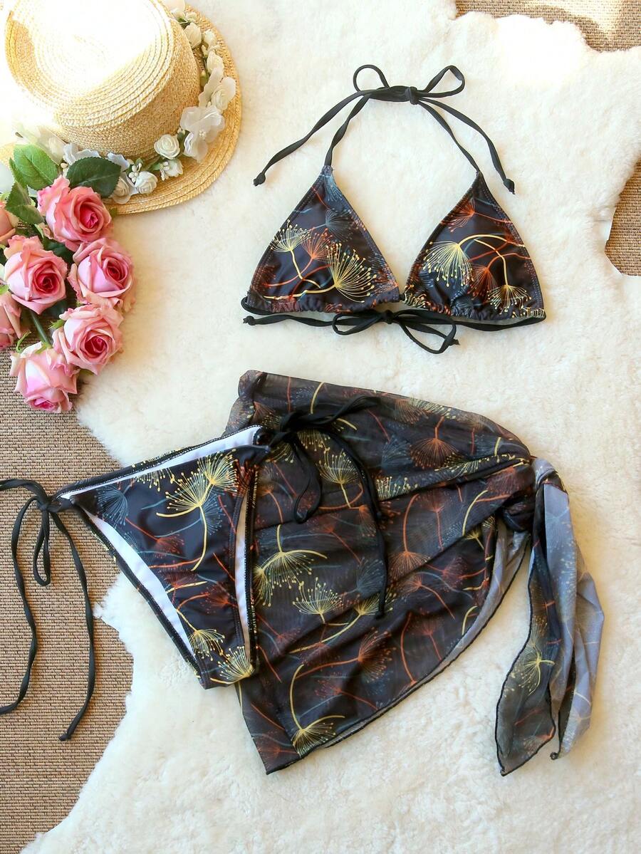 3-Piece Sexy Bikini Swimwear Set For Women, Includes Net Shawl Wrap Skirt, Strappy Back Top Swimwear With Padded Bust, Tie Side Bottom, Suitable For Summer Beach Vacation, Hot Spring