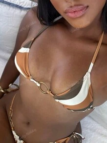 LUCKY HOLIDAY Fashionable Sexy Gold Circle Triangle Tie-Up Bikini Set, For Summer Beach Vacation