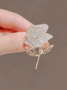 1pc Fashionable Gold Rose Flower Brooch With Shiny CZ Rhinestone, Metal Pin Brooch Jewelry Gift For Party, Valentine's Day, Mom, Mother, Mother's Day, Gift - Gold - View 2