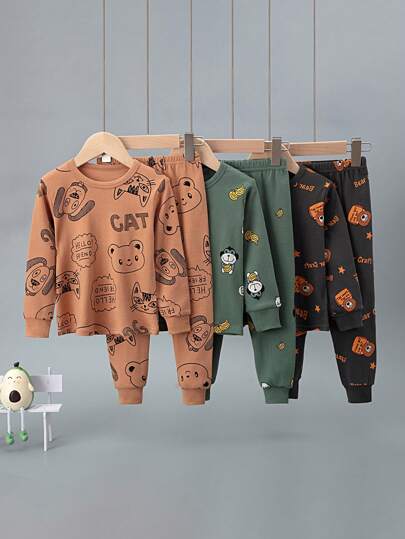6 قطع/مجموعة بيجامات كرتونية للأولاد الصغار، طقم ملابس علوية كم طويل مطبوع عليها طبعة الديناصور وبنطلون طويل للملابس المنزلية والنوم في فصل الخريف والشتاء