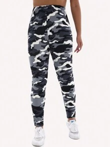 Plus Size Women Camouflage Print Leggings, Casual Gray & White Soft, Comfortable, High Elasticity, Suitable For Everyday Wear, Workout, Running, Yoga, Fitness Training - Light Grey - View 3