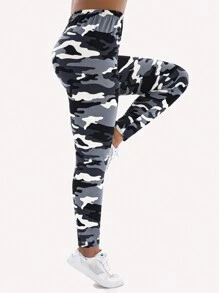 Plus Size Women Camouflage Print Leggings, Casual Gray & White Soft, Comfortable, High Elasticity, Suitable For Everyday Wear, Workout, Running, Yoga, Fitness Training - Light Grey - View 5