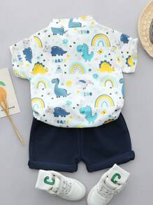 Baby Boy Dinosaur Random Print Short Sleeve Shirt & Shorts Set, Summer