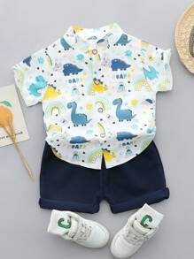 Baby Boy Dinosaur Random Print Short Sleeve Shirt & Shorts Set, Summer