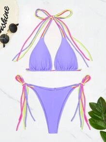 Bikini à nouer sexy de couleurs contrastées pour femmes, pour l'été et les vacances à la plage