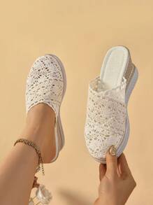 Women's Platform Wedge Sandals, Summer Faux Straw Hollow Woven Slide Slipper, Casual Fashionable Closed Toe Sandals