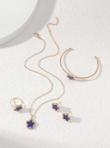 Bộ trang sức sang trọng hình ngũ giác nhiều màu sắc & đính đá 5 món/bộ bao gồm hoa tai, nhẫn, vòng cổ, vòng tay dành cho nữ - Xanh đậm - Xem 2