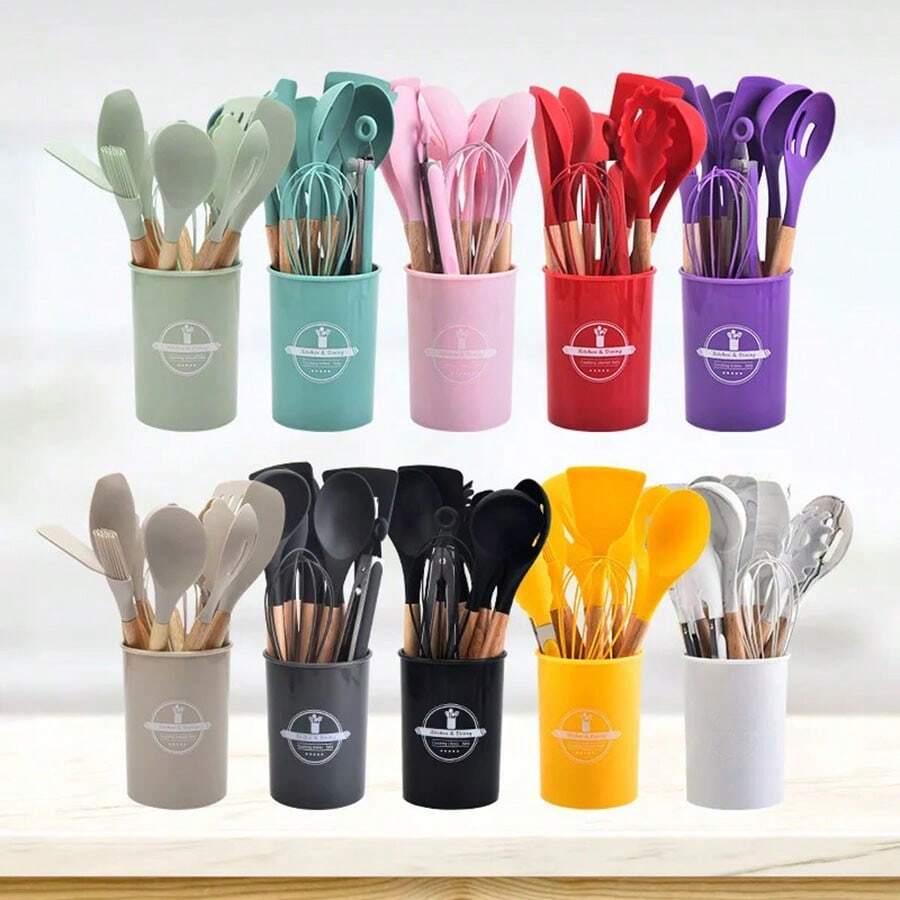 12pcs/Set Wooden Handle Silicone Kitchenware Set, Non-Stick Cooking Utensils Spatulas And Spoons, Heat-Resistant Silicone