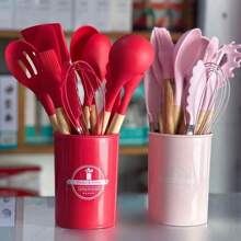 12pcs/Set Wooden Handle Silicone Kitchenware Set, Non-Stick Cooking Utensils Spatulas And Spoons, Heat-Resistant Silicone