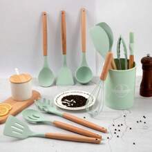 12pcs/Set Wooden Handle Silicone Kitchenware Set, Non-Stick Cooking Utensils Spatulas And Spoons, Heat-Resistant Silicone