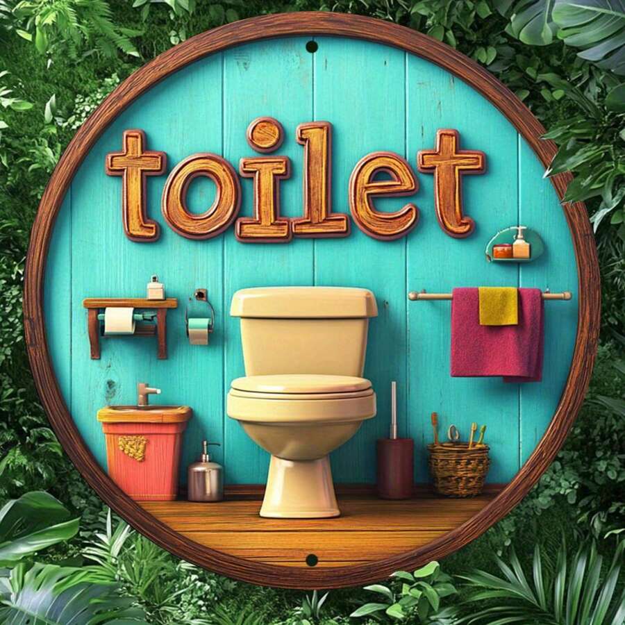 1pc Vintage Toilet Theme Round Iron Sign - 2D Printed Metal Wall Art For Home, Living Room, Office, Party Decor - Weather Resistant Personalized Bar & Kitchen Coffee Sign - Ideal Gift, 8x8 Inch Room Decors Garden Decor Wedding Decor Home Decors