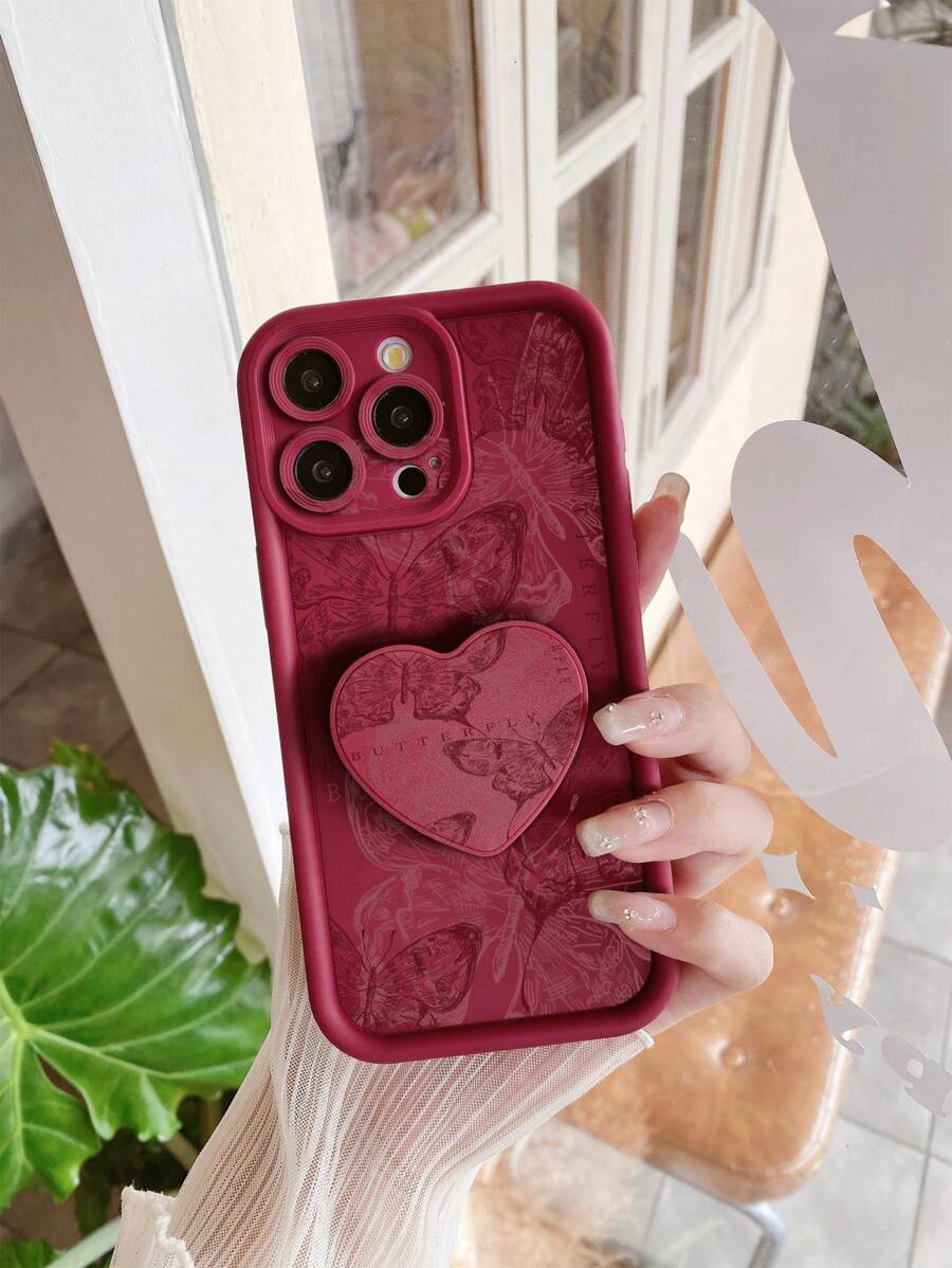 1pc Butterfly Pattern Design Camera Lens Protection Shock Proof Phone Case Compatible With Apple 11 Pro Max/12 Pro Max/13 Pro Max/14 Pro Max/15 Pro Max/16 Plus/16 Pro Max, Compatible With Redmi, Compatible With OPPO/Compatible With Realme, Compatible With VIVO, Compatible With Infinix, Compatible With Honor, One Plus Waterproof Anti-Fall Scratch Resistant,International Version, Not The Domestic Version - Burgundy - View 1