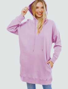 Sudadera Larga tipo Maxisudadera Con Capucha Gorro, Bolsillos Laterales y Cordones, estilo Oversize Holgado Corte Recto a Media Pierna | Quba - Lila Púrpura - Ver 1