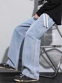 High-End Minimalist Versatile Straight Washed Denim Jeans, Drawstring Elastic Waist Casual Pants, All Season - Baby Blue - View 4