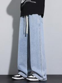 High-End Minimalist Versatile Straight Washed Denim Jeans, Drawstring Elastic Waist Casual Pants, All Season - Baby Blue - View 5