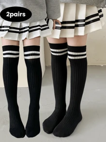 2 Pairs Kids Socks With Stripe Pattern, Seamless Long Tube Design, Suitable For 3-12 Years Old Boys & Girls, Great For Daily Wear And School Use