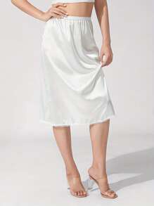 Women's Half Slips, Elastic Waist Solid Color Satin Underskirt Lace Trim Skirt For Under Dresses - 米色 - 查看 3