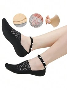 2 Pairs Women Short Pearl Lace Socks, Versatile Breathable Sweat-Absorbing Ankle Socks, Suitable For Spring/Summer Everyday Wear - Multicolor - View 3