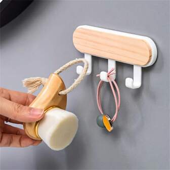 Solid Wood Hook Creative No-Drill Wooden Hook Adhesive Door Window Clothes Kitchen Wall Key Hook 1pc, Utility Hooks