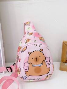 儿童可爱卡通水豚图案印花胸包，轻便运动休闲腰包和单肩包，户外旅行度假腰包配有可调节肩带，日常通勤手机零钱斜挎包 - 粉色 - 查看 2