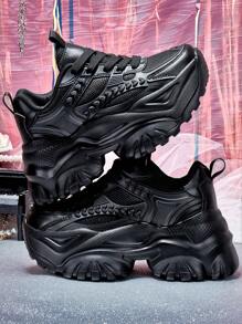 Tênis Casuais de Plataforma da Moda Feminina, Salto Alto Preto de 7cm, Sapatos Leves Antiderrapantes com Aumento de Altura, Sapatos Esportivos Confortáveis, de Sola Macia e Absorvente de Choque, Adequados para Uso Diário, Encontros, Fitness, Escritório, Sapatos Pretos Plus Size, Sapatos de Skate para Adolescentes e Estudantes Universitários