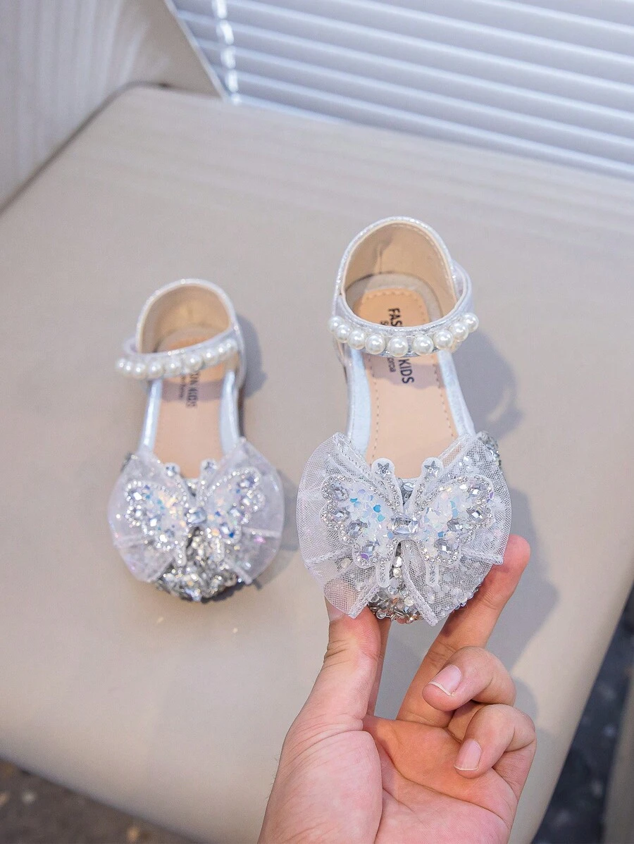 1 Pair Silver Girls Ballet Flats With Rhinestones, Toddler Princess Shoes, Suitable For Spring & Autumn - Silver - View 1