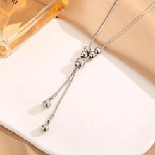 18k Titanium Steel Gold And Silver Pull-Out Ball Beads Retro Design High-End Long Sweater Chain - Bạc - Xem 2