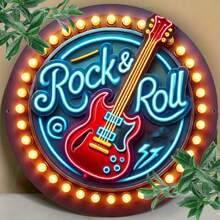 1 件霓虹摇滚墙饰，8x8 英寸圆形金属装饰标牌带灯，铁艺酒吧和咖啡馆墙壁装饰，酒吧、俱乐部、咖啡馆的音乐主题平面印刷金属标牌，孔位置随机