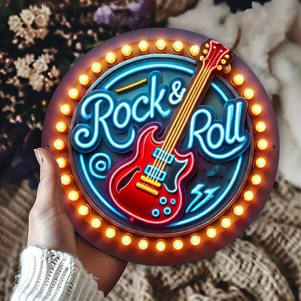 1pc Neon Rock And Roll Wall Art, 8x8 Inch Circle Metal Decorative Sign With Lights, Iron Bar And Cafe Wall Decor, Music Theme Flat Print Metal Sign For Bar, Club, Cafe, Random Hole Position