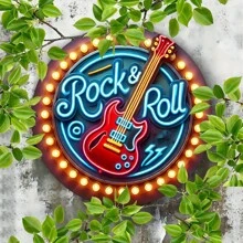 1 件霓虹摇滚墙饰，8x8 英寸圆形金属装饰标牌带灯，铁艺酒吧和咖啡馆墙壁装饰，酒吧、俱乐部、咖啡馆的音乐主题平面印刷金属标牌，孔位置随机