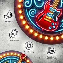 1 件霓虹摇滚墙饰，8x8 英寸圆形金属装饰标牌带灯，铁艺酒吧和咖啡馆墙壁装饰，酒吧、俱乐部、咖啡馆的音乐主题平面印刷金属标牌，孔位置随机
