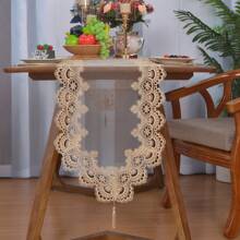 1 Pc Elegant Net Fabric With Embroidered Lace Table Runner, Round Doilies, Size: 40cm*150cm, 40cm*180cm, 40cm*220cm, 30cm Round, 40cm Round, 50cm Round, 60cm Round, 100% Polyester, Traditional Style For Parties, Celebrations And Daily Life.