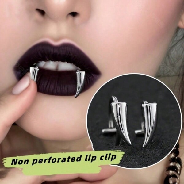 1 paio di anelli per labbra a forma di zanna in acciaio inossidabile, in stile hip hop punk gotico, gioielli per denti finti da indossare ad Ognissanti e per abbigliamento casual, accessori da vampiro, stile carino e punk