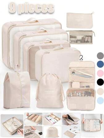 9pcs/Set Travel Organizer Bag, Compression Packing Cubes, Luggage Organizer, Clothing Storage Set, Includes: Cosmetic Bag, Waterproof Toiletry Bag, Multi-Function Organizer Bag, Garment Bag, Travel Toiletry Bag, Summer Holiday Travel Essentials, Shoe Bag, Clothes Organizer, Multi-Function Storage Box, Foldable Bag, Waterproof Clothing Organizer, Foldable Underwear & Socks Organizer, Travel Storage Bag, Luggage Organizer