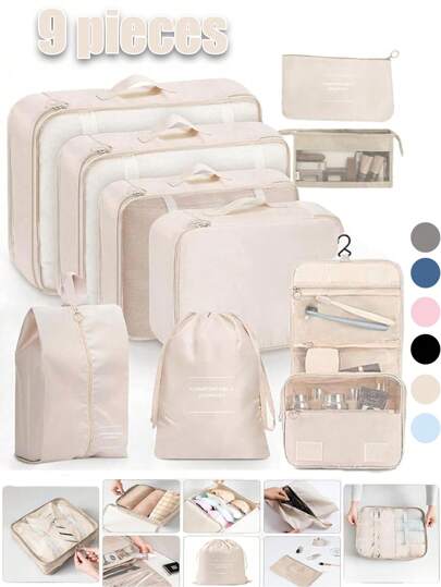 9pcs/Set Travel Organizer Bag, Compression Packing Cubes, Luggage Organizer, Clothing Storage Set, Includes: Cosmetic Bag, Waterproof Toiletry Bag, Multi-Function Organizer Bag, Garment Bag, Travel Toiletry Bag, Summer Holiday Travel Essentials, Shoe Bag, Clothes Organizer, Multi-Function Storage Box, Foldable Bag, Waterproof Clothing Organizer, Foldable Underwear & Socks Organizer, Travel Storage Bag, Luggage Organizer