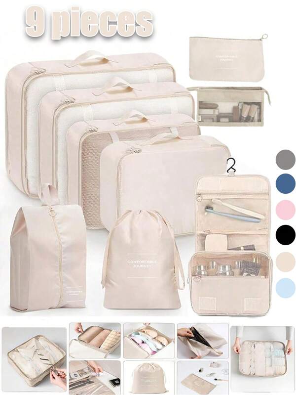 9 pièces/Set Sac organisateur de voyage, Cubes d'emballage de compression, Organisateur de bagages, Ensemble de rangement de vêtements, Comprend : Sac à cosmétiques, Sac de toilette étanche, Sac organisateur multifonction, Sac à vêtements, Sac de toilette de voyage, Accessoires de voyage pour vacances d'été, Sac à chaussures, Organisateur de vêtements, Boîte de rangement multifonction, Sac pliable, Organisateur de vêtements étanche, Organisateur de sous-vêtements et chaussettes pliable, Sac de rangement de voyage, Organisateur de bagages