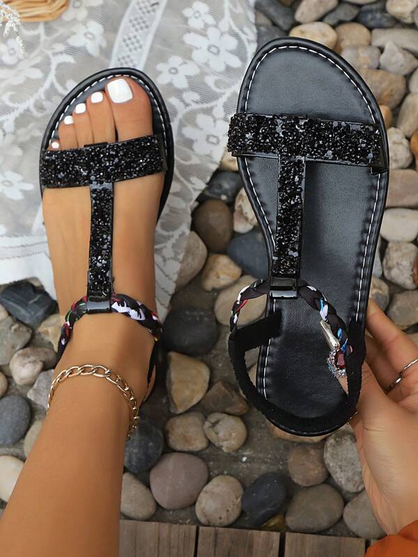 Sandalen, modische und bequeme Damen Riemen Sandalen mit funkelnden Strass, elastisches Banddesign lässt die Schuhe eng an den Füßen anliegen und fallen nicht leicht ab. Das elastische Banddesign macht das An- und Ausziehen der Schuhe sehr einfach, geeignet für tägliche Reisen und den Urlaub.