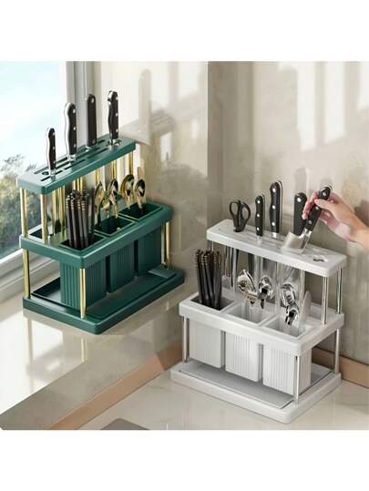 1 suport multifuncțional pentru tacâmuri, suport pentru tacâmuri care economisește spațiu cu tavă detașabilă pentru scurgeri, suport pentru uscare vase pentru chiuvetă de bucătărie, suport verde și alb pentru bețișoare, organizator pentru depozitarea cuțitelor, lingurilor și furculițelor, potrivit pentru bucătărie, baie, sufragerie, plastic