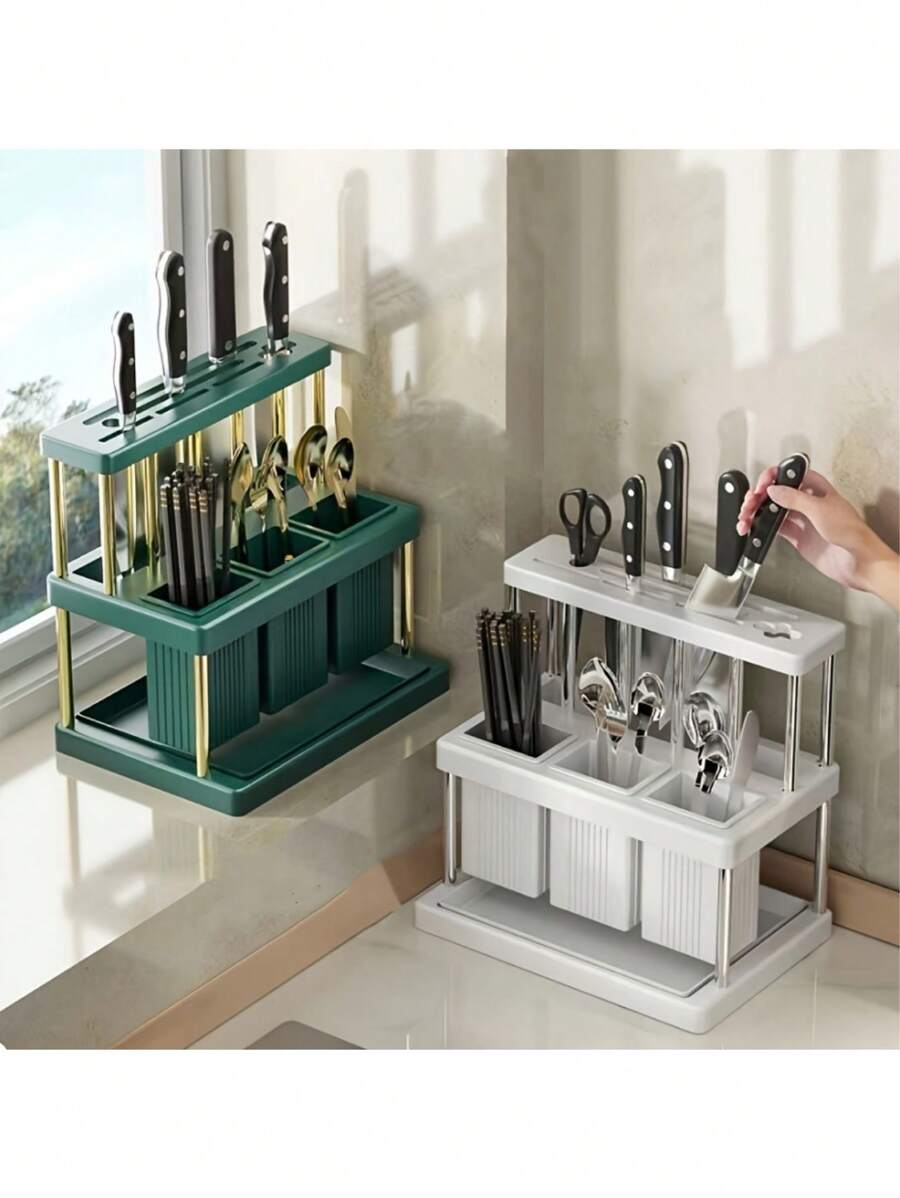 1 Giá đựng dao kéo đa năng, giá để dụng cụ tiết kiệm không gian với khay hứng nước có thể tháo rời, giá phơi bát đĩa đặt trên mặt bàn bếp, màu xanh lá cây & trắng, giá đựng đũa, dao, thìa, dĩa, thích hợp cho nhà bếp, phòng tắm, phòng ăn, chất liệu nhựa.