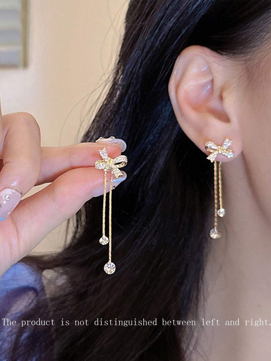 topshiny 1 对可爱蝴蝶结流苏耳环，清新简约设计百搭女士珠宝 - 金黃色 - 查看 1