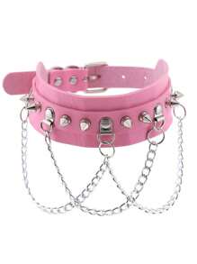 1pc Punk Gothic Rivet Pink Choker Necklace, Suitable For Women Daily Party Wear, Halloween Christmas Party Creative Birthday Valentine's Day Gift - Pink - View 30