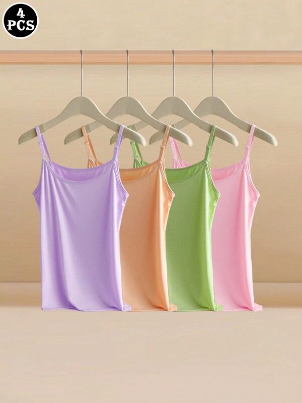 4 Pcs Women's Camisole Tank Tops Versatile Underwear, Solid Color Adjustable Straps
