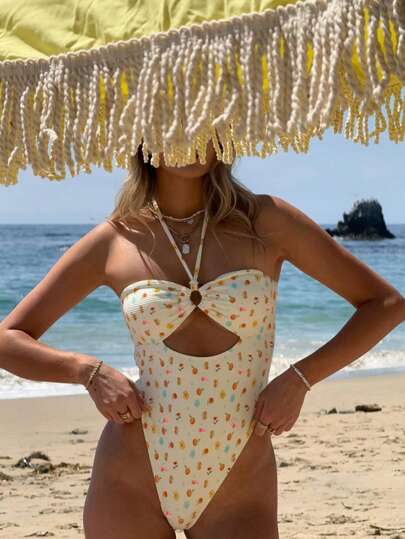 Nowy Ditsy Floral Halter Hollow-Out Jednoczęściowy kostium kąpielowy Bikini, Letnie wakacje na plaży