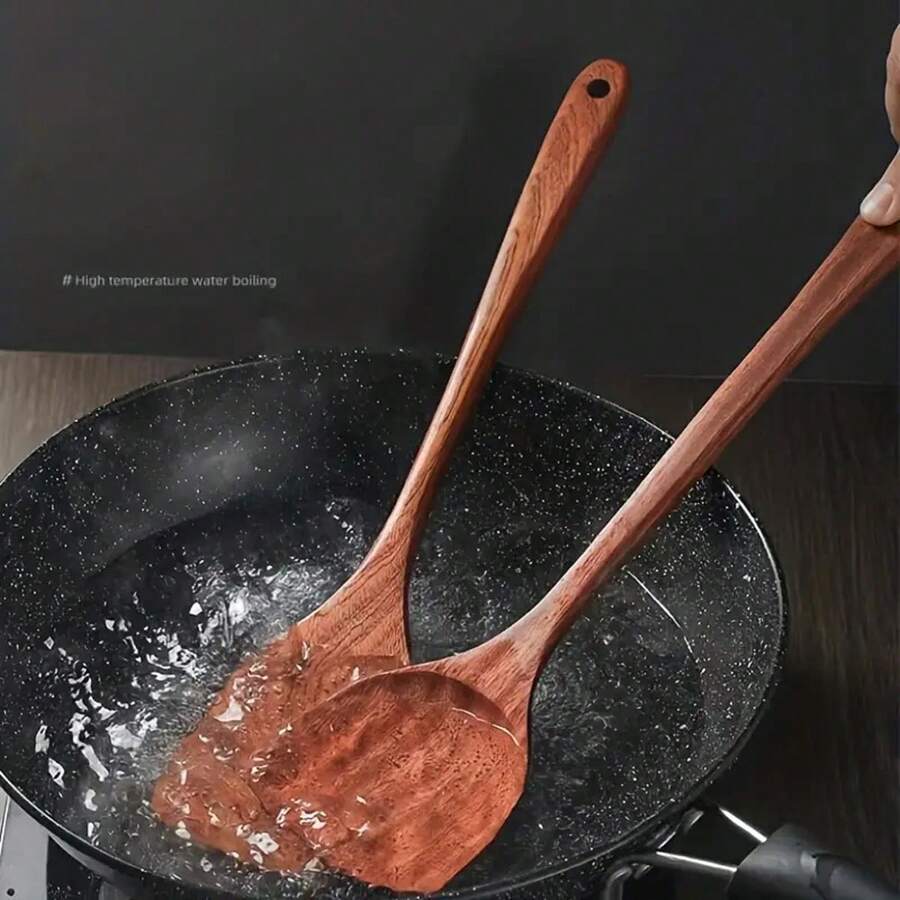 1/2pcs New Wooden Spatula, Wooden Kitchenware, Non-Stick Cookware, High Quality Wooden Cooking Spoon, Nonstick Heat Resistant Antibacterial Kitchen Utensils - Natural Wooden Cooking And Serving Spoon, Suitable For Kitchen Accessories - Rust Brown - View 1