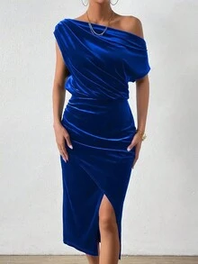 Elegant Velvet One-Shoulder Dress With Side Slit, Perfect For Evening & Special Occasions, Machine Washable, Party Dress, Wedding Guest Cocktail Dress - Blue - View 4