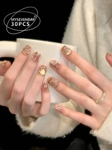 30 piezas de parches de uñas falsas en forma de ataúd corto, con diamantes brillantes, con un estilo francés dulce y fresco para mujeres, nuevos y de moda, que se adaptan a las yemas de los dedos, que incluyen 1 pieza de pegamento de gelatina y 1 pieza de tira abrasiva, adecuados para fiestas de mujeres, bailes, uso casual diario, uñas postizas desprendibles y reutilizables