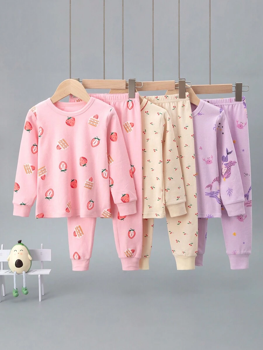 6 件套年轻女孩卡通水果印花长袖睡衣套装，睡衣套装 - 彩色 - 查看 1